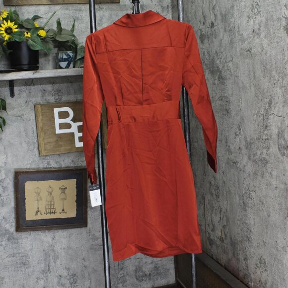 NWT Tahari ASL Collared Long-Sleeve Wrap Dress DEM401-T4 Brick Red Orange 4 - Picture 6 of 9